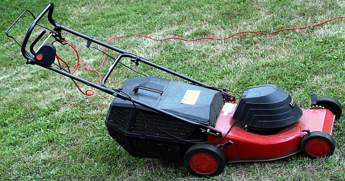 Electric lawnmower on the grass